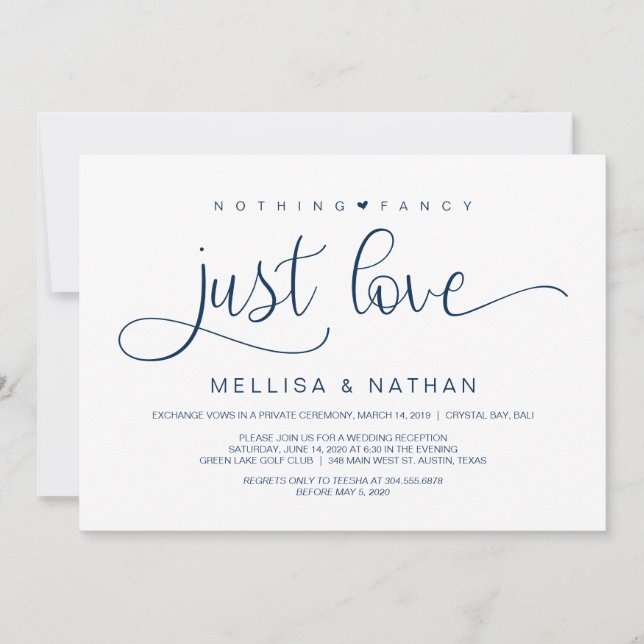Beautiful Navy Nothing Fancy Just Love, Elopement Invitation (Front)