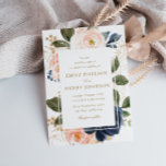 beautiful navy & pink blush blooms wedding invitation<br><div class="desc">A beautiful watercolor navy blue and pink blush floral frame with elegant text and a lovely formal Navy background.</div>