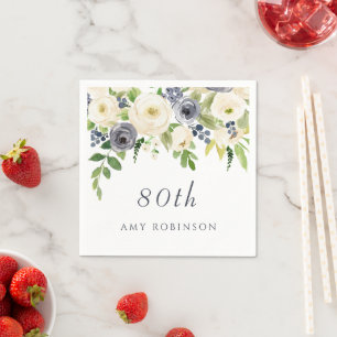 Beautiful Navy & White flowers 80th Birthday Party Napkin