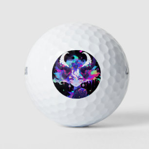 Beautiful Neon Anime Demon Elf Girl with Horns Golf Balls
