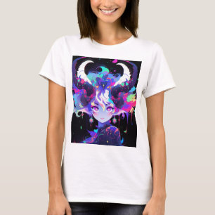 Beautiful Neon Anime Demon Elf Girl with Horns T-Shirt