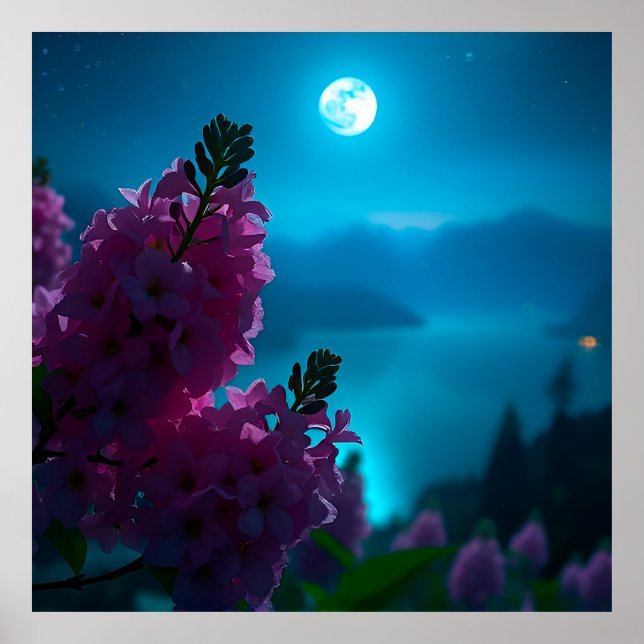 Beautiful Night Landscape with Flowers and Moon Poster (Front)