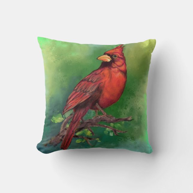 Beautiful Northern Red Cardinal Bird Painting Art  Cushion (Front)