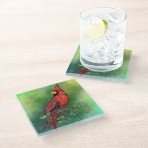 Beautiful Northern Red Cardinal Bird Painting Art  Glass Coaster