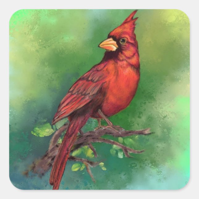 Beautiful Northern Red Cardinal Bird Painting Art  Square Sticker (Front)