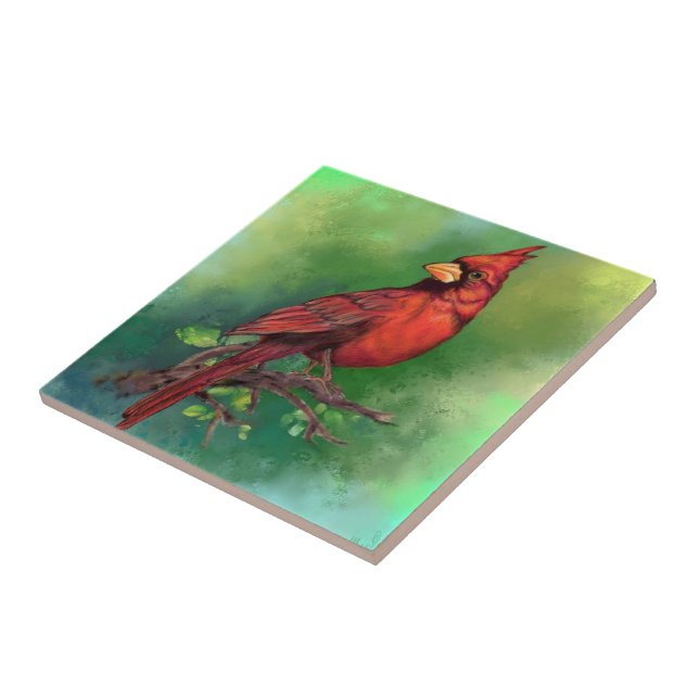 Beautiful Northern Red Cardinal Bird Painting Art  Tile (Side)