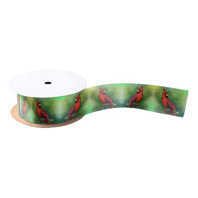 Beautiful Northern Red Cardinal Bird Painting  Satin Ribbon (Spool)