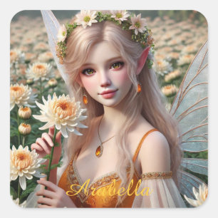 Beautiful November Fairy in Chrysanthemums Square Sticker
