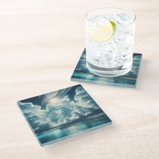 Beautiful Ocean, Dock and Fluffy Clouds Glass Coaster (Angled)