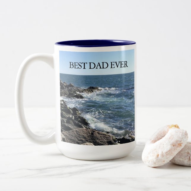 Beautiful Ocean Photo Best Dad Ever Seashore Two-Tone Coffee Mug (With Donut)