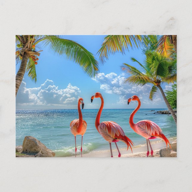 Beautiful Ocean Pink Flamingos Palm Trees Sand  Postcard (Front)