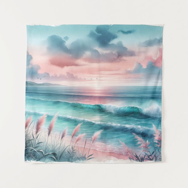 Beautiful Ocean Scene in Pink and Blue Tapestry (Front)