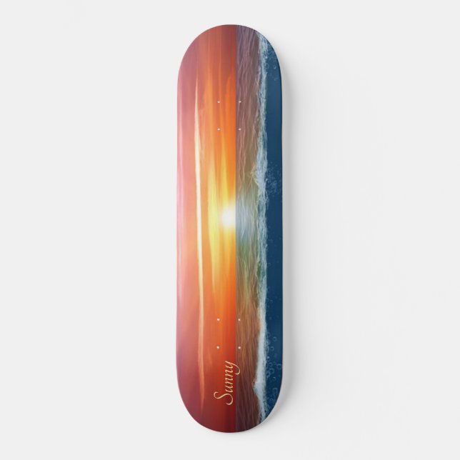 Beautiful ocean sunrise and calligraphy skateboard (Front)