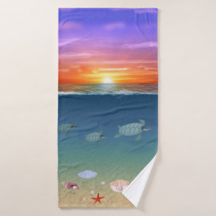 Beautiful Ocean Sunrise, Sea Turtles and Pearls Bath Towel