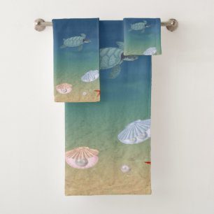 Beautiful Ocean Sunrise, Sea Turtles and Pearls Bath Towel Set