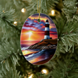 Beautiful Ocean Sunset and Lighthouse Personalized Ceramic Tree Decoration