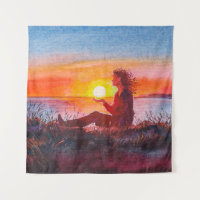 Beautiful ocean sunset. Portrait of young woman as