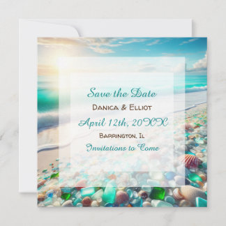 Beautiful Ocean Waves and Sea Glass Wedding Save The Date