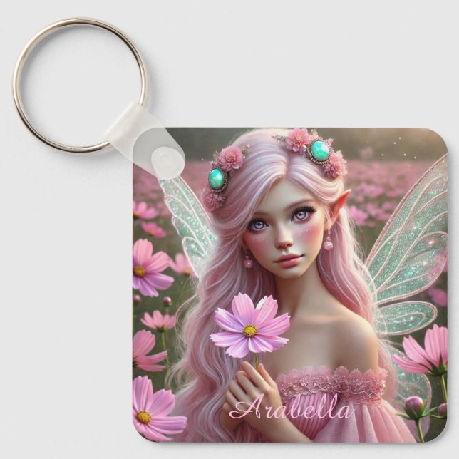 Beautiful October Fairy in Cosmos Key Ring (Front)