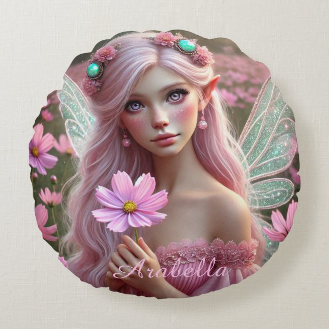 Beautiful October Fairy in Cosmos Round Cushion (Front)