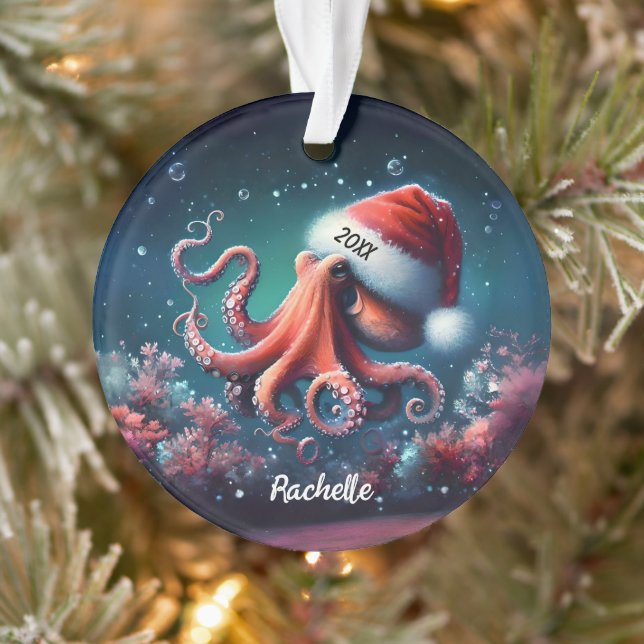 Beautiful Octopus in Santa Hat   Ornament (Tree)