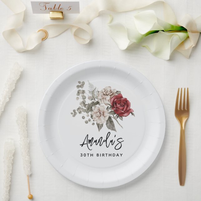 Beautiful Off-White & Red Roses Floral Birthday Paper Plate (Wedding)
