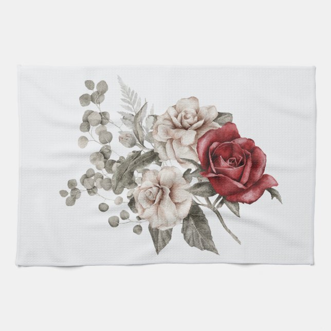 Beautiful Off-White & Red Roses Floral Bouquet Tea Towel (Horizontal)