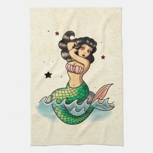 Beautiful Old School Mermaid Tea Towel (Vertical)