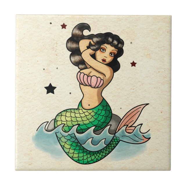 Beautiful Old School Mermaid Tile (Front)