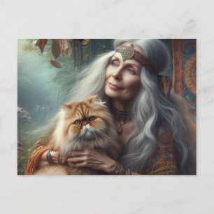 Beautiful older woman lovingly holding her cat. postcard