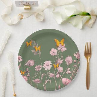 Beautiful olive and pink floral and butterfly  paper plate