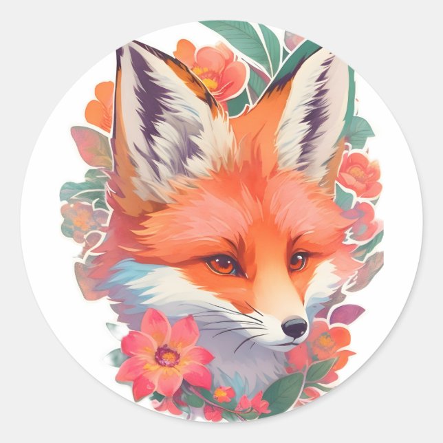 Beautiful orange bright full colour fox in flowers classic round sticker (Front)