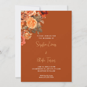 Beautiful Orange Floral Bouquet Brown Wedding Invitation