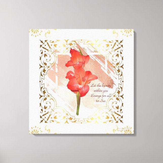 Beautiful Orange Floral Gold Frame Canvas Wall Art (Front)
