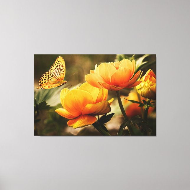 Beautiful Orange Flowers with Butterfly Nature Canvas Print (Front)
