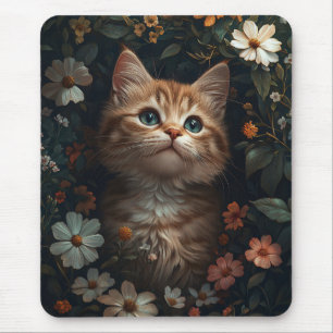 Beautiful Orange Kitten with Wildflowers Mouse Pad