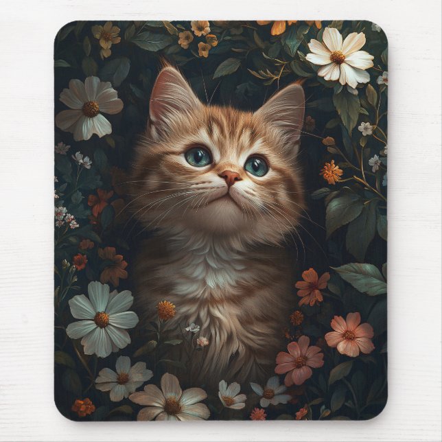 Beautiful Orange Kitten with Wildflowers Mouse Pad (Front)