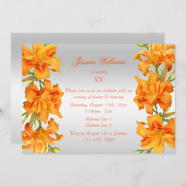 Beautiful Orange Lilies Floral Birthday Invitation (Front/Back)