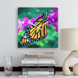 Beautiful orange monarch butterfly close-up photo square wall clock