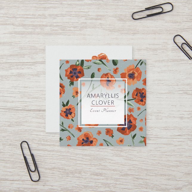 Beautiful Orange Poppies Customisable Square Business Card (Exquisite Hand-Painted Orange Oriental Poppies Square Business Card from Studio Posies)