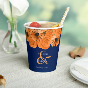 Beautiful Orange Rose and Navy Blue Wedding Paper Cups