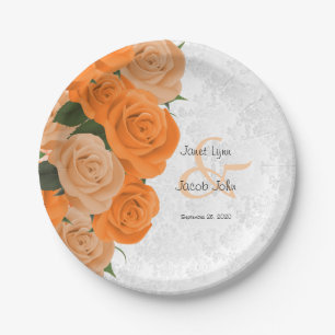 Beautiful Orange Rose and White Damask Wedding Paper Plate