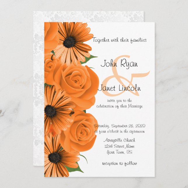 Beautiful Orange Rose & Daisy Wedding Invitation (Front/Back)