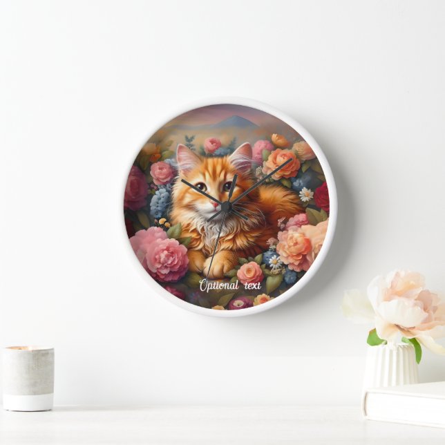 Beautiful Orange Tabby Cat and Flowers Clock (Home)