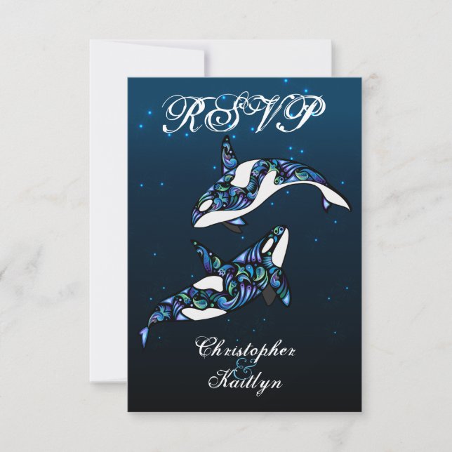 Beautiful Orca Whales Beach Wedding RSVP Card (Front)