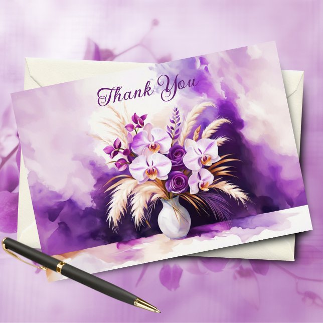 Beautiful Orchids And Roses Pampas Thank You Card (Capture elegance with soft watercolors, perfect for expressing heartfelt thanks.)