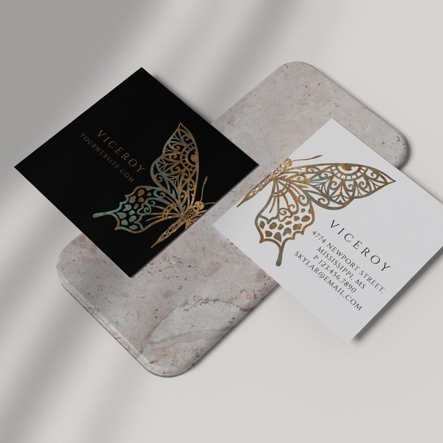 Beautiful Ornate Decorative Butterfly Logo Black Square Business Card (Creator Uploaded)