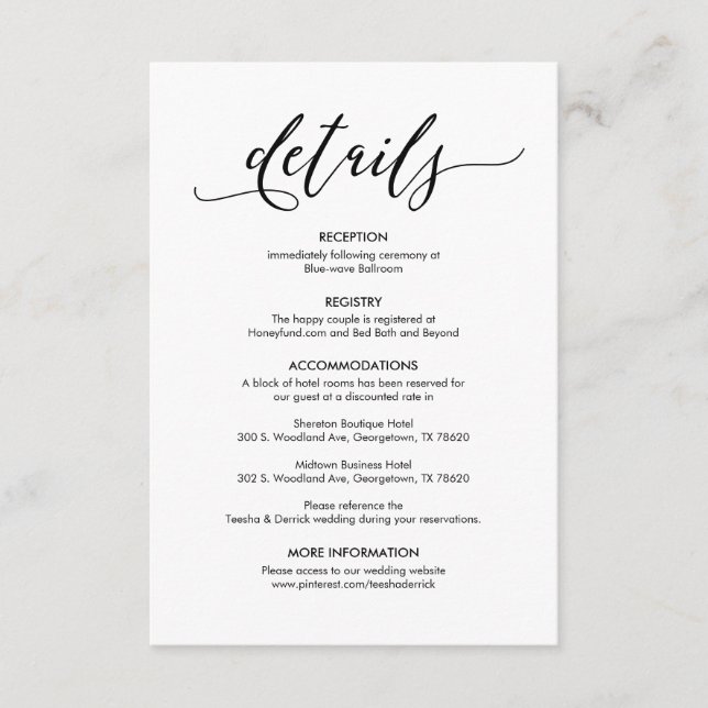 Beautiful Our Wedding Details Modern Rustic Black Enclosure Card (Front)