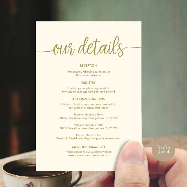 Beautiful Our Wedding Details, Rustic Black ink Enclosure Card (Beautiful Our Wedding Details Enclosure Card, Rustic Cottage Design, Yellow Gold)