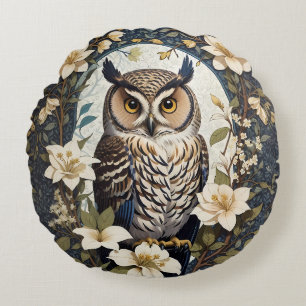 Beautiful Owl And Jasmine Flowers  Round Cushion